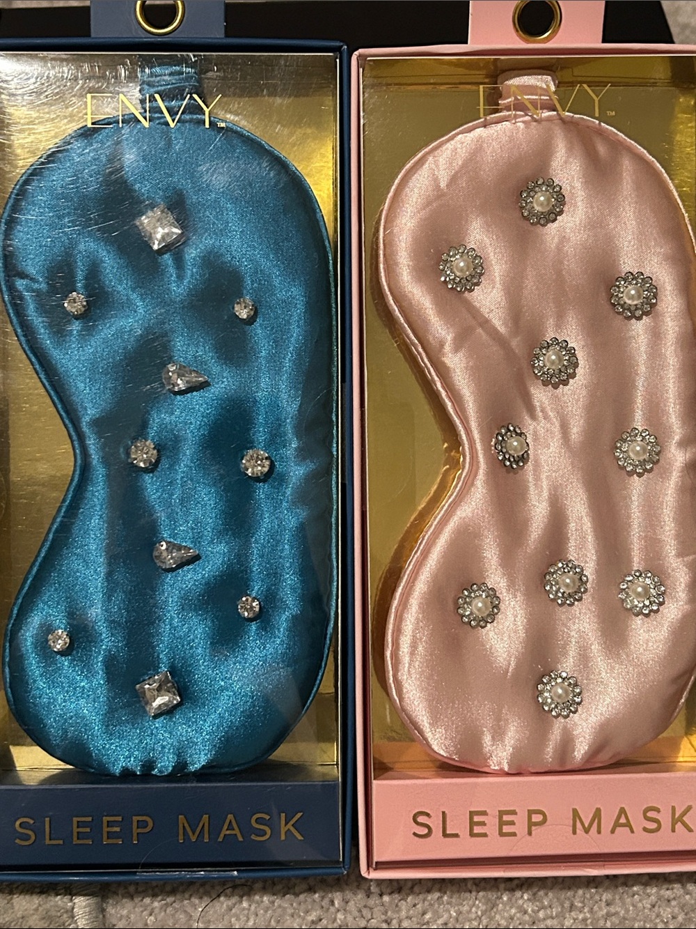 envy Jeweled Satin Sleep Masks — Teal Blue & Blush Pink